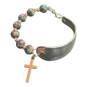 Beaded Bracelet with Cross Charm made from Vintage Silverware